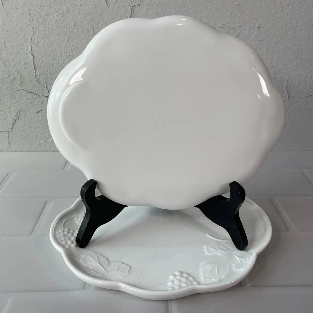 Vintage White Milk Glass Grape Leaf Embossed Snack Plates Set of 2 Scalloped